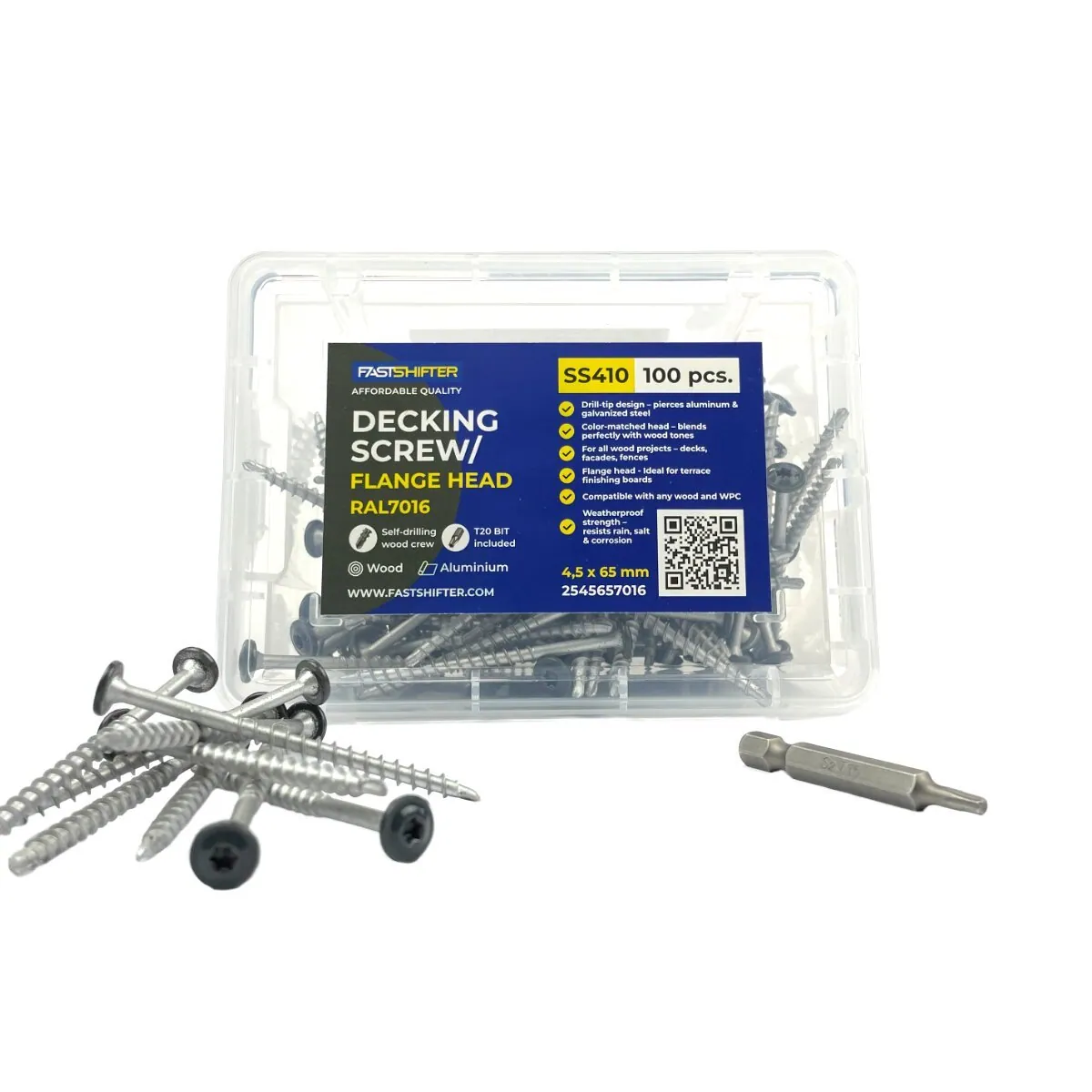 Fastshifter Decking Screw SS410 Wide Head 4.5×65mm – 100 pcs — Anthracite Grey